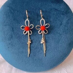 Elegant Silver and Red Flower Drop Earrings